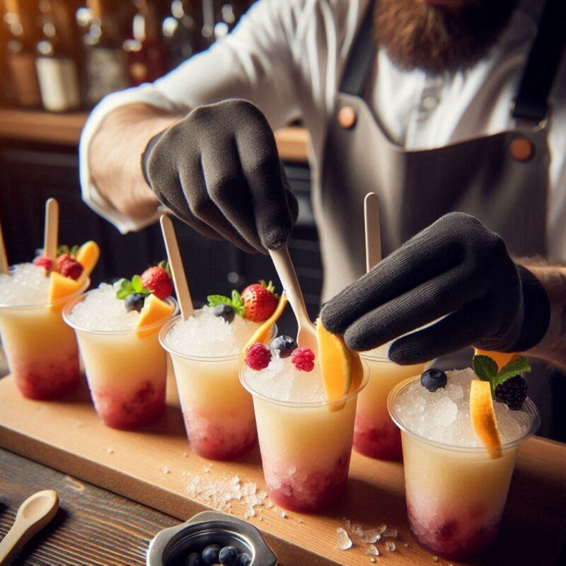 Bunte Frozen Cocktails in Gläsern mit Dekoration auf einer Sommerparty