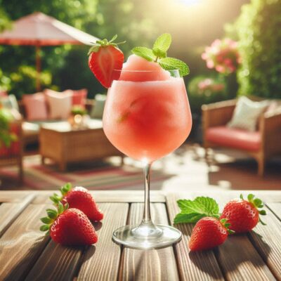 Gefrorener Frosé Rosé-Cocktail mit Erdbeeren und frischer Minze in einem Weinglas