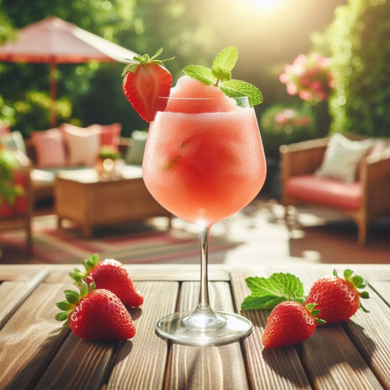 Gefrorener Frosé Rosé-Cocktail mit Erdbeeren und frischer Minze in einem Weinglas