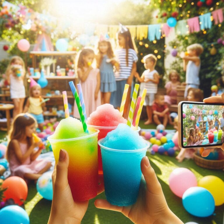 Slush Eis Maschine mit buntem Slush Eis auf einer Sommerparty im Freien