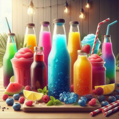 Fruchtiger Frozen Juice in bunten Gläsern mit Eis und frischen Orangenscheiben auf einer Sommerparty