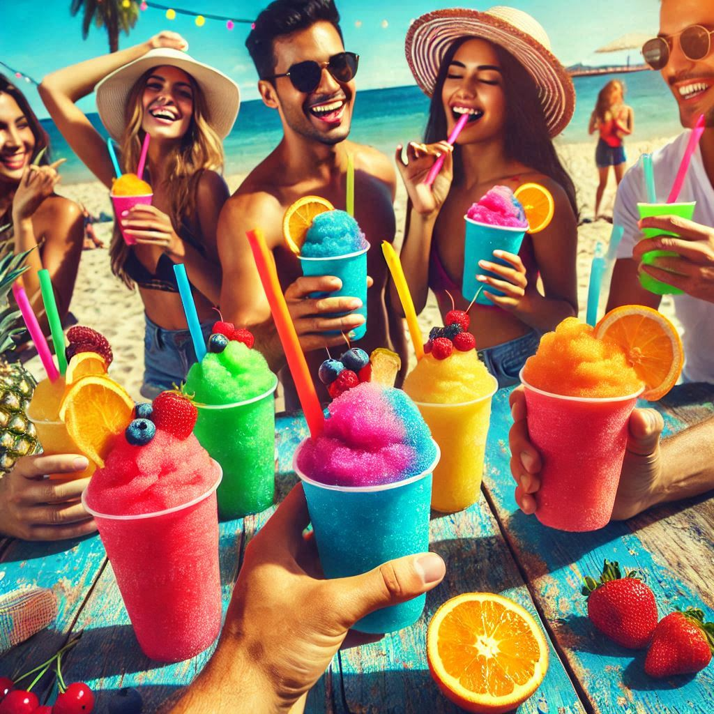 Buntes Slush Eis in durchsichtigen Bechern mit Trinkhalmen, serviert auf einer Sommerparty