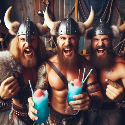 Drei Wikinger in traditioneller Kleidung halten bunte Slush-Eis-Becher in der Hand und feiern ausgelassen auf einem modernen Event.