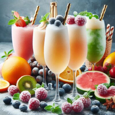 Gläser mit gefrorenem Sekt (Frozen Sekt) und fruchtigem Frozecco, serviert als erfrischende Sommerdrinks.