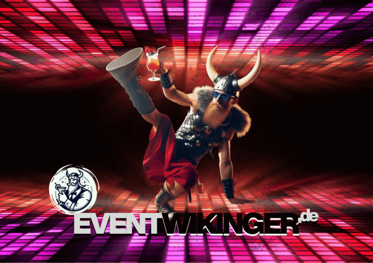 Wikinger tanzt Breakdance vor DJ-Pult – Symbol für einzigartige DJ-Events und Partys in NRW.