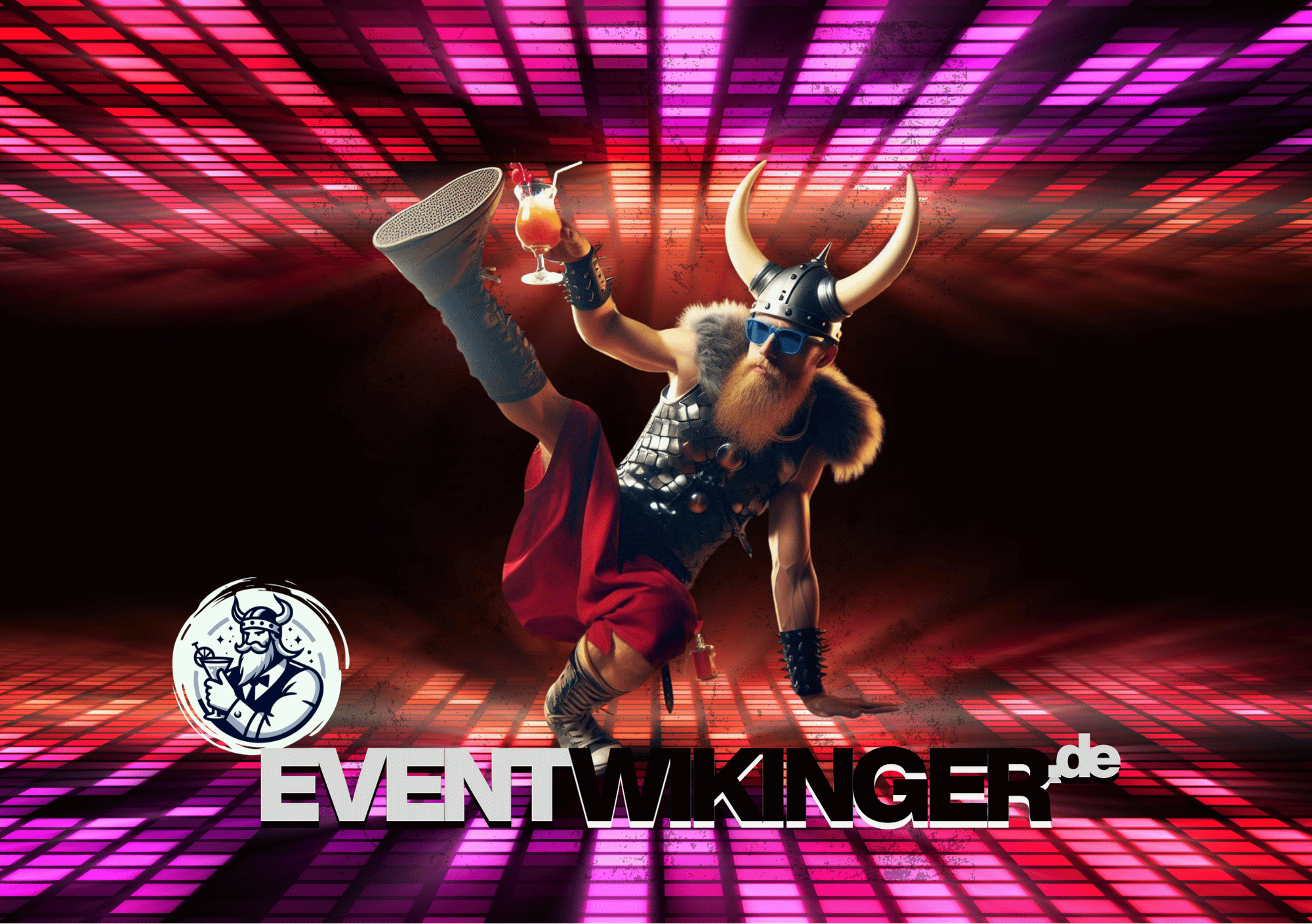 Wikinger tanzt Breakdance vor DJ-Pult – Symbol für einzigartige DJ-Events und Partys in NRW.