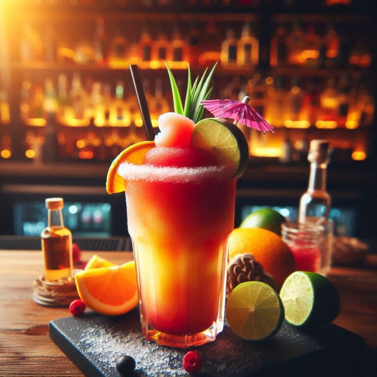 Bunte Frozen Cocktails in gläsernen Cocktailgläsern mit Früchten und Eis auf einer Sommerparty