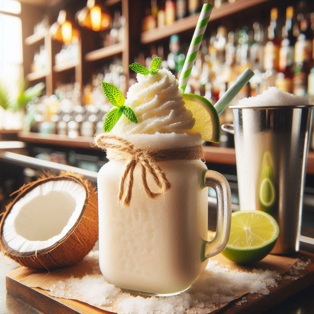 Bunte Frozen Cocktails in verschiedenen Gläsern mit Früchten und Crushed Ice auf einer Party