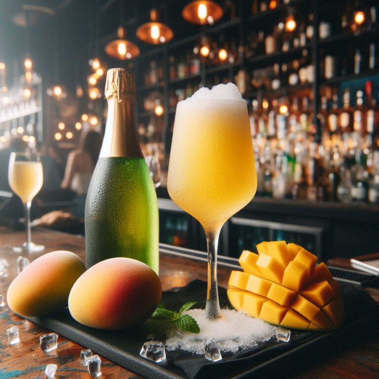 Frozen Sekt und Champagner-Slushies in Sektflöten mit frischen Früchten und Minze dekoriert