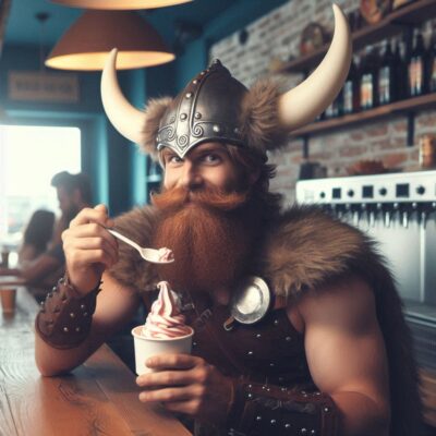 Wikinger hält Frozen Joghurt und lächelt, symbolisiert innovative Erfrischung mit nordischem Flair.