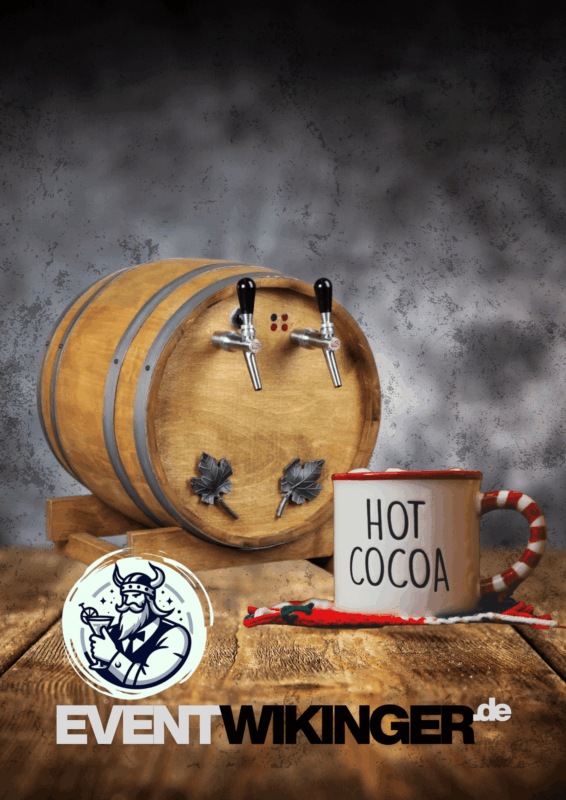 Glühweindurchlauferhitzer im rustikalen Holzfass bei Eventwikinger – traditionelle Optik mit moderner Heiztechnik für heiße Getränke auf Winterevents in NRW.