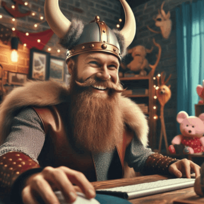 Wikinger mit Helm und Bart arbeitet an Laptop, hält Trinkhorn, symbolisiert Kontaktaufnahme für Eventservice.