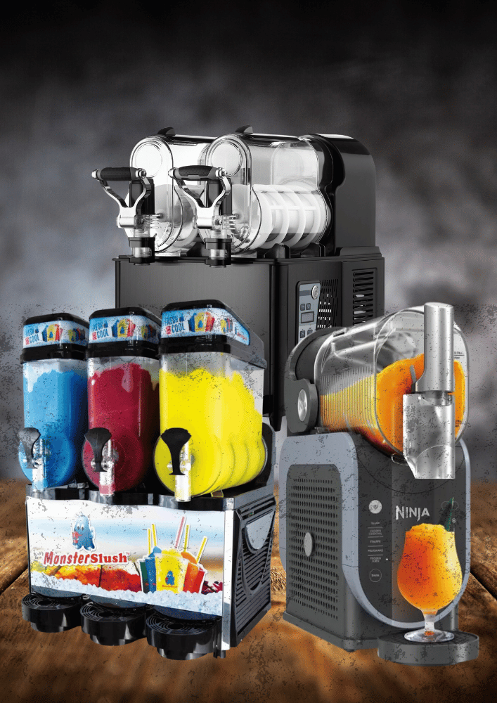 Moderne Slush-Eis-Maschine mit mehreren Behältern zur Zubereitung von bunten Slush-Getränken – perfekt zur Saison- und Langzeitmiete.