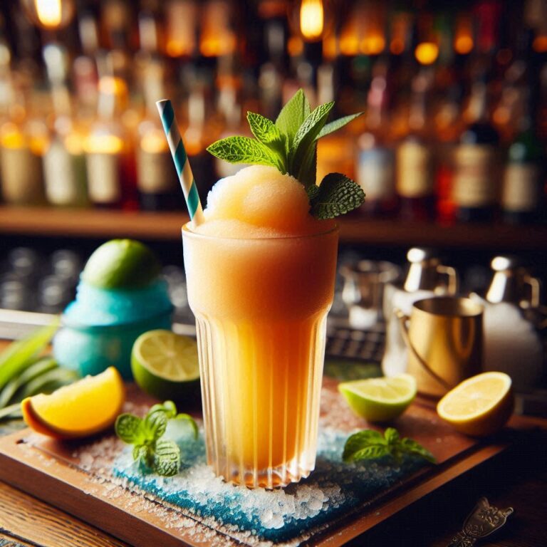 Bunte Frozen Mocktails in Gläsern mit frischen Früchten und Deko auf einer Sommerparty