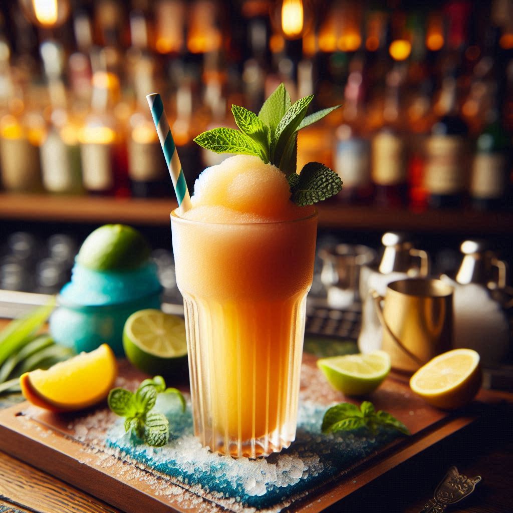 Bunte Frozen Mocktails in Gläsern mit frischen Früchten und Deko auf einer Sommerparty