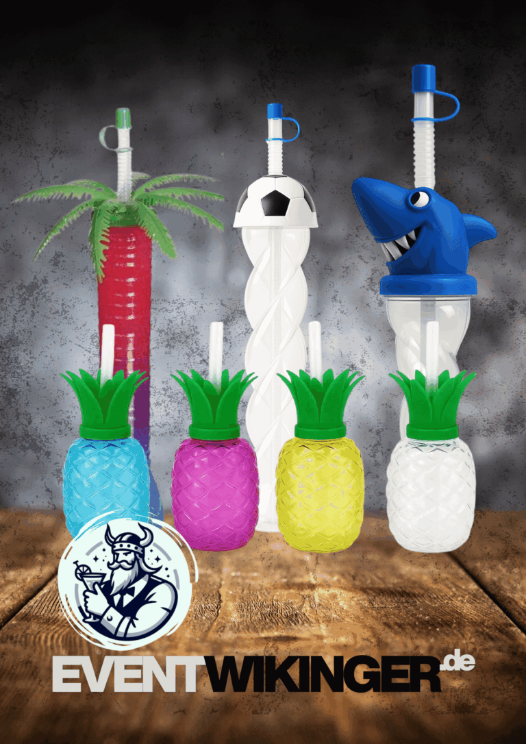 Verschiedene Yardcups in außergewöhnlichen Designs und Formen: Ananas, Palme, Fußball, Hai und bunte Mehrwegbecher mit Trinkhalmen nebeneinander aufgereiht.