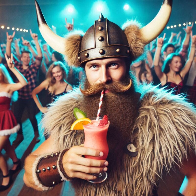 Wikinger tanzt auf der Event-Party mit alkoholfreiem Frozen Mocktail in der Hand