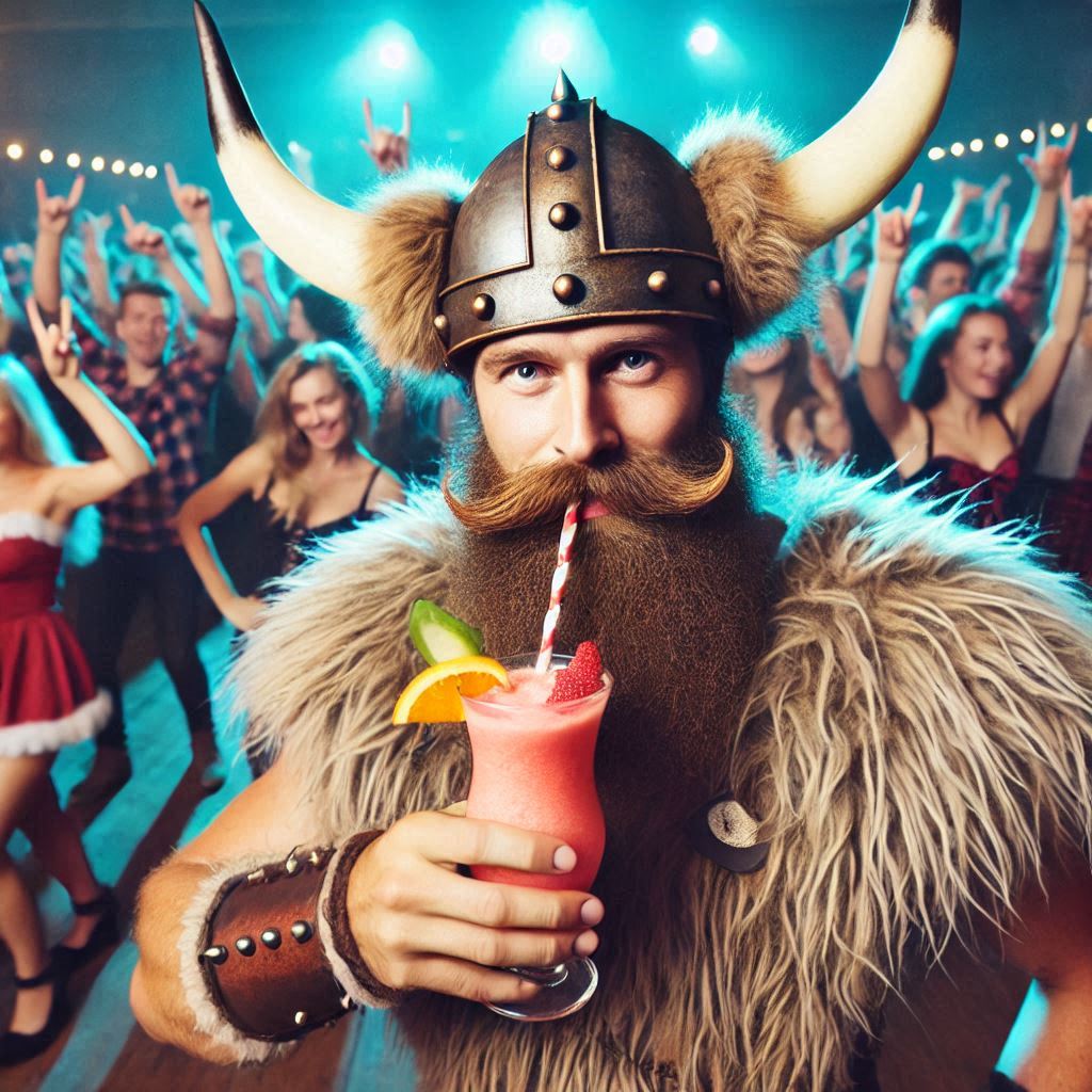 Wikinger tanzt auf der Event-Party mit alkoholfreiem Frozen Mocktail in der Hand