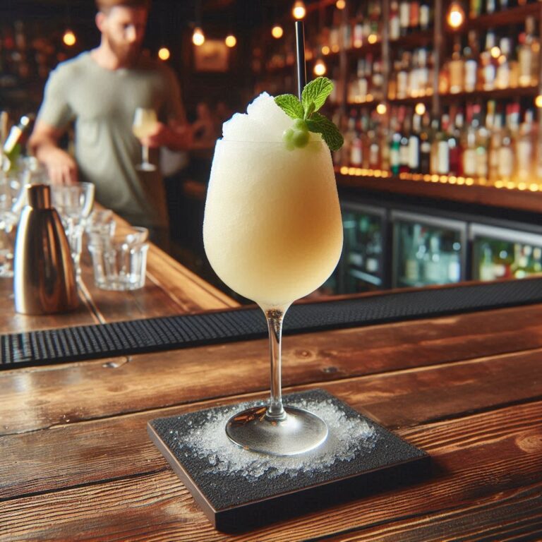 Gefrorener Weißwein als Frozen Vino Slush-Drink von Eventwikinger, serviert im Glas mit frischen Früchten und sommerlicher Dekoration