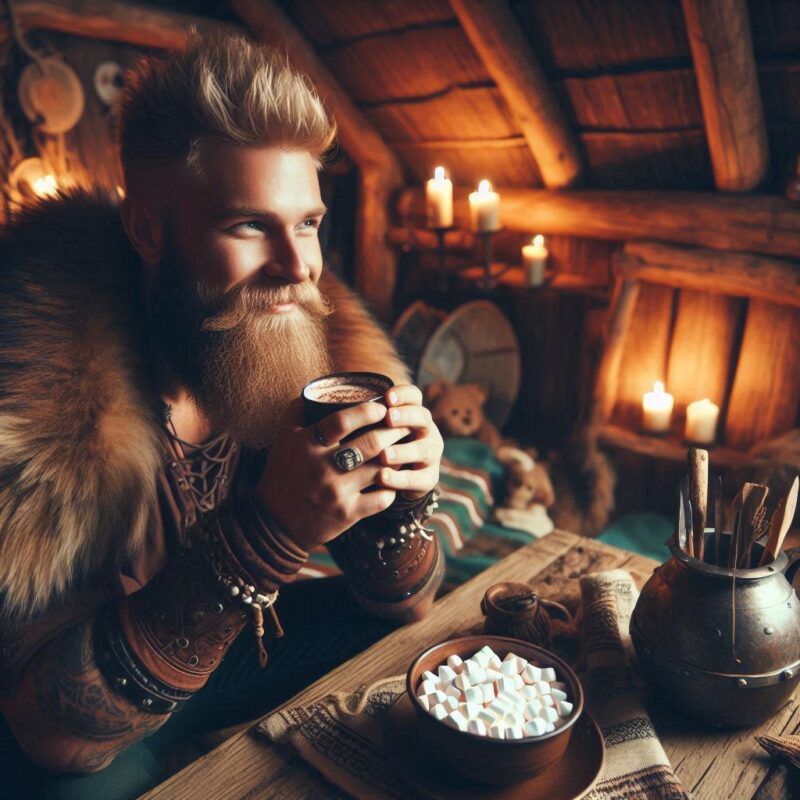 Wikinger hält dampfende Tasse heißer Schokolade bei winterlichem Event – Eventwikinger Schokospender und Kakao-Genuss für NRW-Events