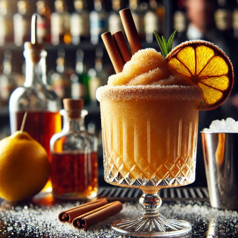 Gefrorener Amaretto Sour in Slush-Konsistenz, serviert in Cocktailglas mit Zitronenscheibe und edler Dekoration.