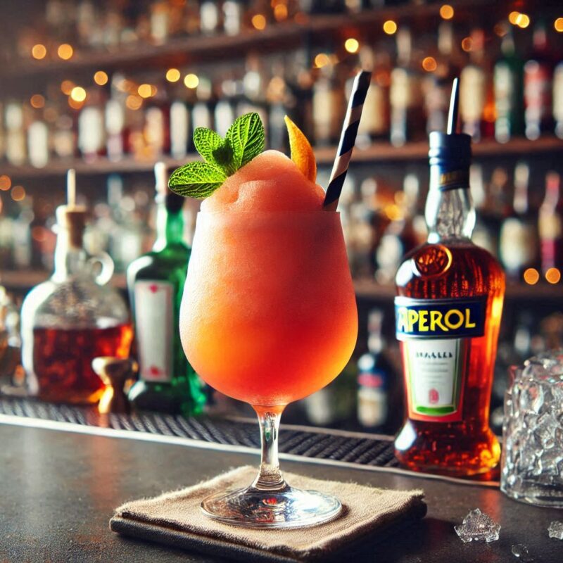 Frozen Aperol Spritz im Glas – fruchtig-oranger Fraperol Cocktail in Slush-Konsistenz mit frischen Orangenscheiben.