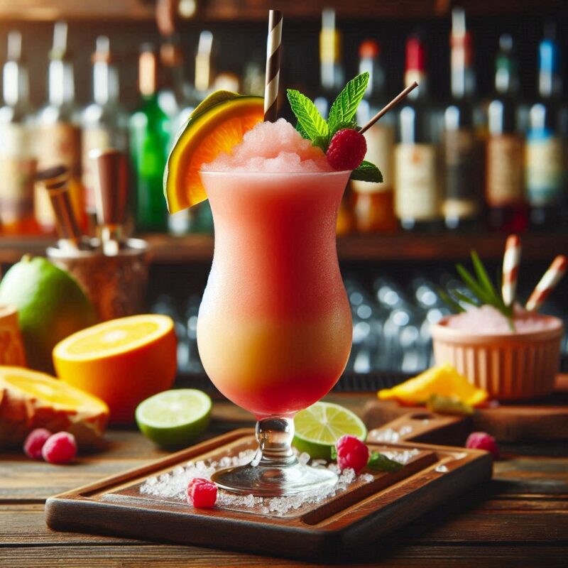 Frozen Bahama Mama Cocktail aus frischen Früchten in Slush-Konsistenz, serviert im Glas mit Ananas und Cocktaildeko.