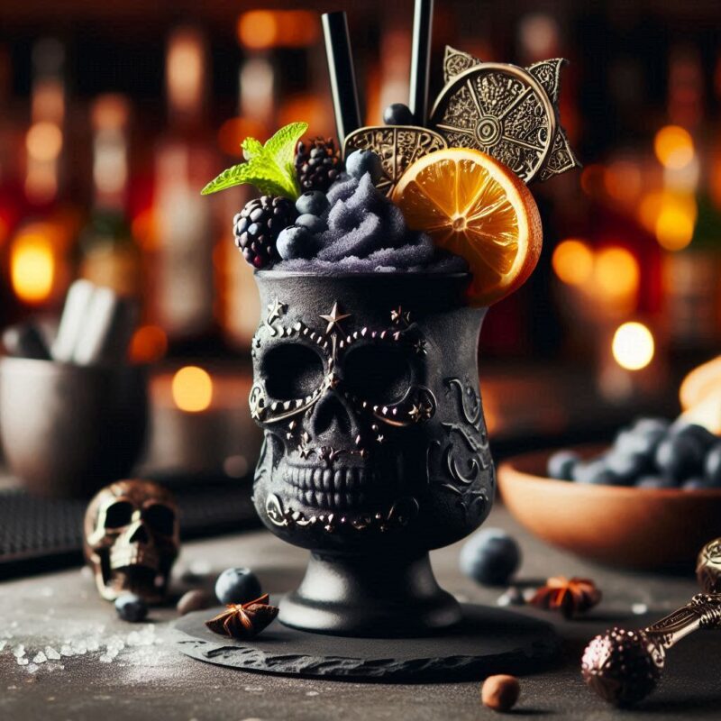 Frozen Black Magic Cocktail in Slush-Konsistenz mit dunkler Farbe, frischer Dekoration und eisigem Glanz.