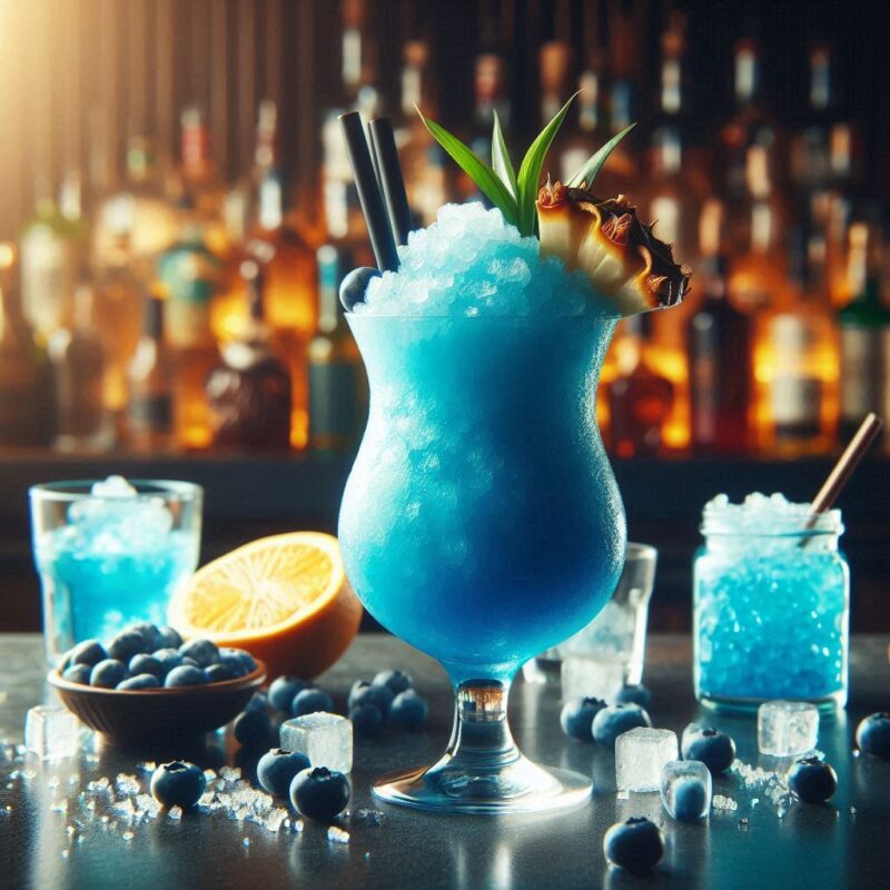 Frozen Blue Lagoon Cocktail im Slush-Stil mit fruchtig-blauer Farbe in Glas serviert
