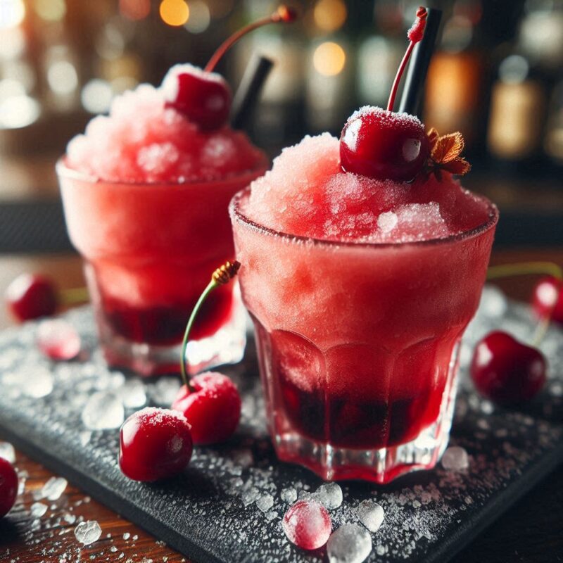 Gefrorener Cherry Bomb Cocktail mit frischen Kirschen in Slush-Eis-Konsistenz, serviert im Glas – idealer Sommerdrink auf Events.