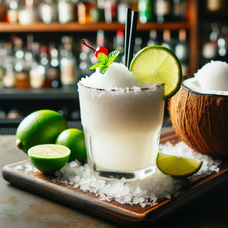 Frozen Coconut Lime Breeze Cocktail mit Kokosnuss, Limette und Crushed Ice in Slush-Konsistenz