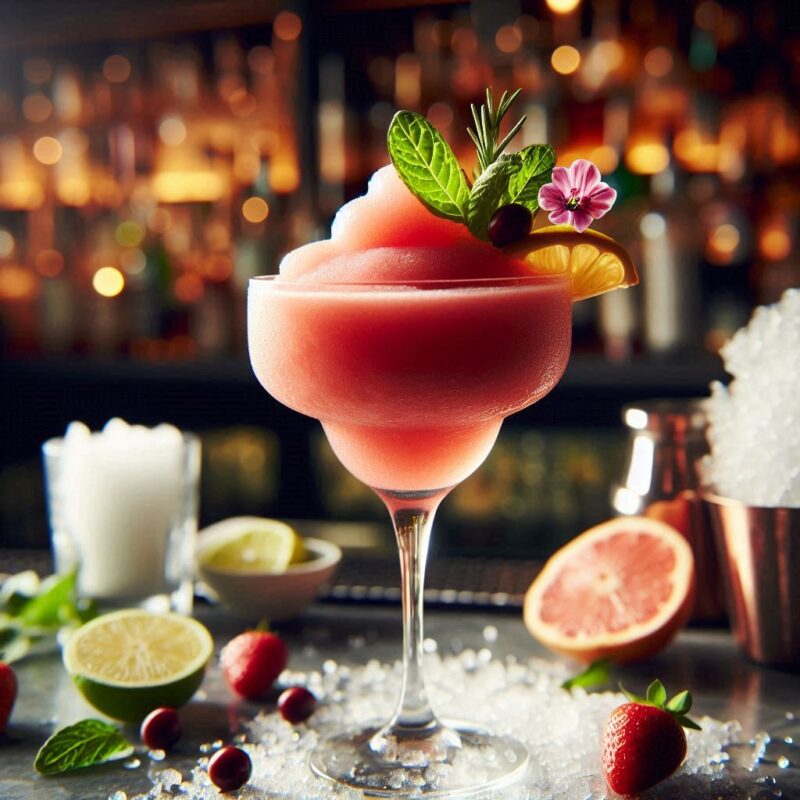 Frozen Cosmopolitan im Glas – pinker Slush Cocktail mit Limettenscheibe und fruchtiger Cranberry-Note