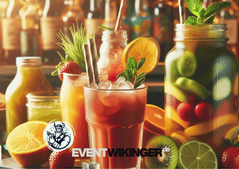 Bunte Frozen Juice Becher mit frischen Früchten, serviert von Eventwikinger auf einer sommerlichen Veranstaltung