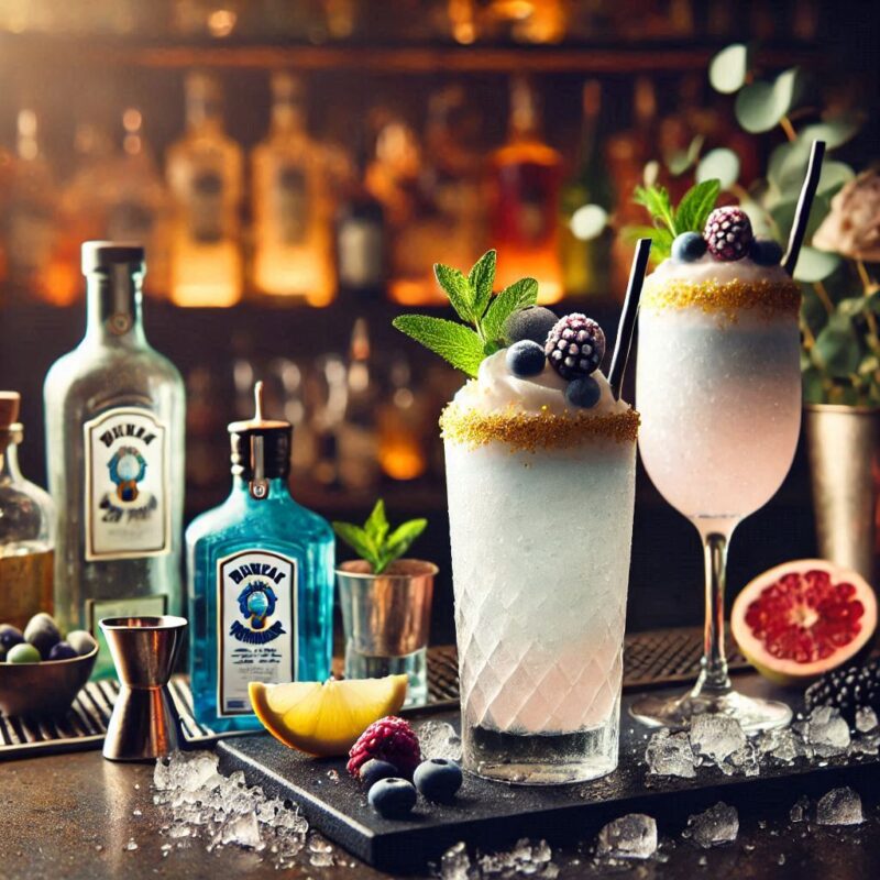 Frozen Gin Fizz Cocktail in Slush-Konsistenz mit Zitronenscheibe und Minze – erfrischender Sommerdrink für Events und Partys