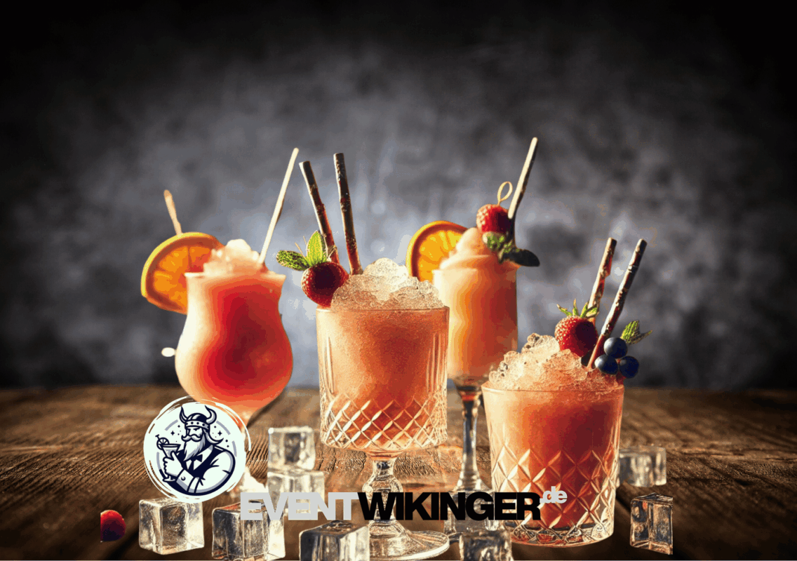 Verschiedene Frozen Cocktails mit Eis, frischen Früchten und bunten Strohhalmen in Gläsern auf einem Holztisch