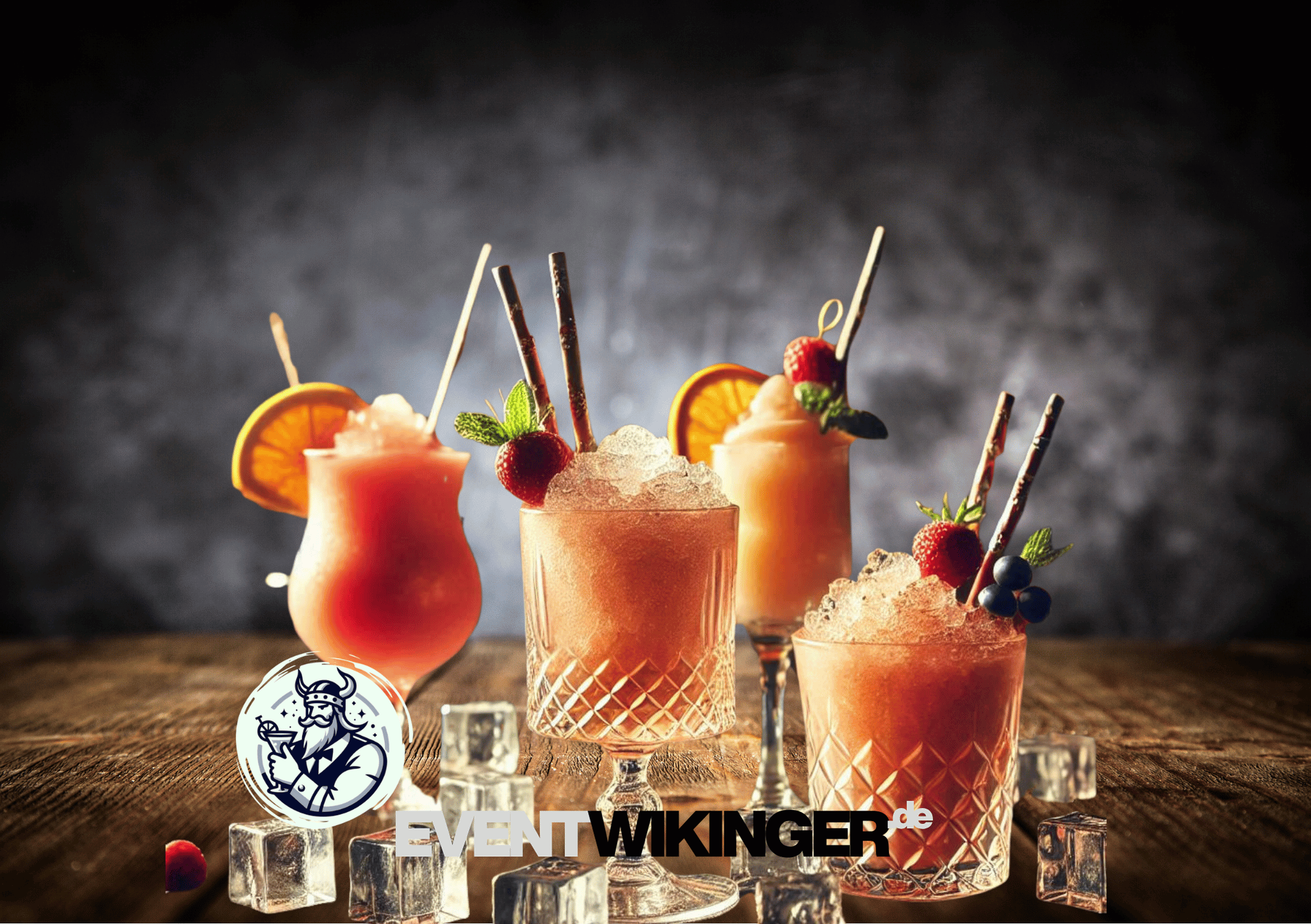 Verschiedene Frozen Cocktails mit Eis, frischen Früchten und bunten Strohhalmen in Gläsern auf einem Holztisch