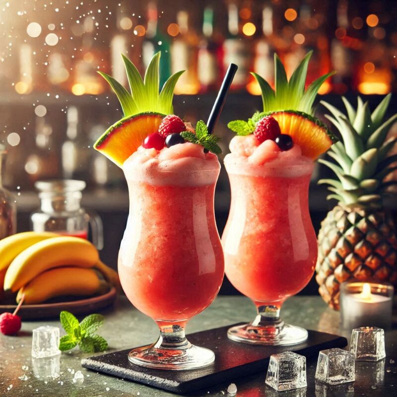 Frozen Hurricane Cocktail im Glas mit fruchtiger Slush-Konsistenz und bunter Garnitur