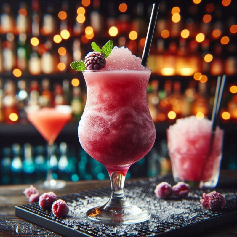 Gefrorener Kir Royal Cocktail mit Sekt und Cassis in edlem Glas – Frozen Cocktail für Events und Sommerfeiern.
