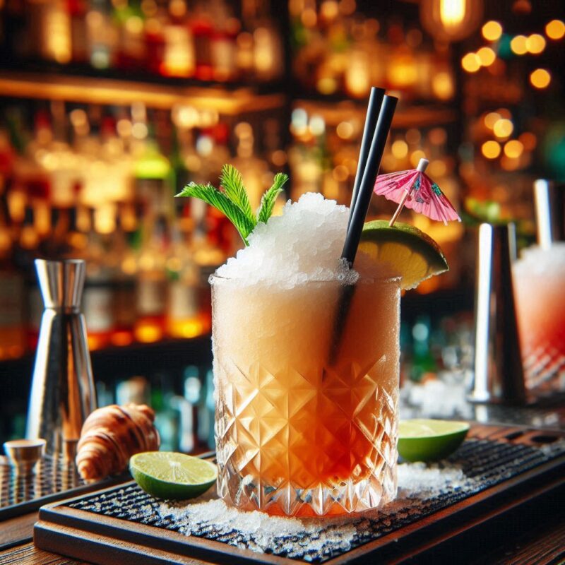 Gefrorener Long Island Iced Tea in Slush-Konsistenz mit Zitronenscheibe und Eiswürfeln, serviert im Glas auf einer Sommerparty.