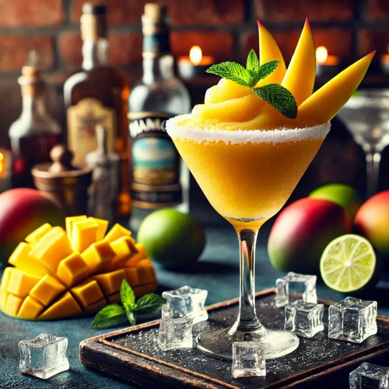 Frozen Mango Daiquiri im Glas – cremig-fruchtiger Cocktail mit Mango, Rum und Limette in Slush-Eis Konsistenz.