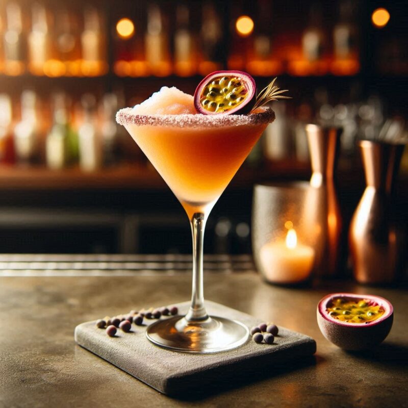 Frozen Pornstar Martini Cocktail im Glas mit Passionsfrucht