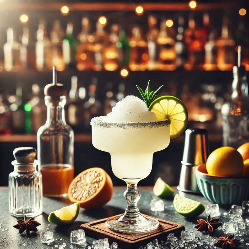 Frozen Margarita Cocktail mit Salzrand und Limette im Glas, cremig-eisig serviert.