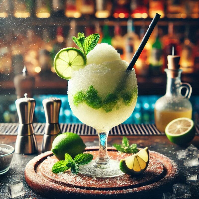 Frozen Mojito Cocktail im Glas mit frischer Minze, Limettenscheiben und Crushed Ice, serviert als erfrischender Slush-Drink.