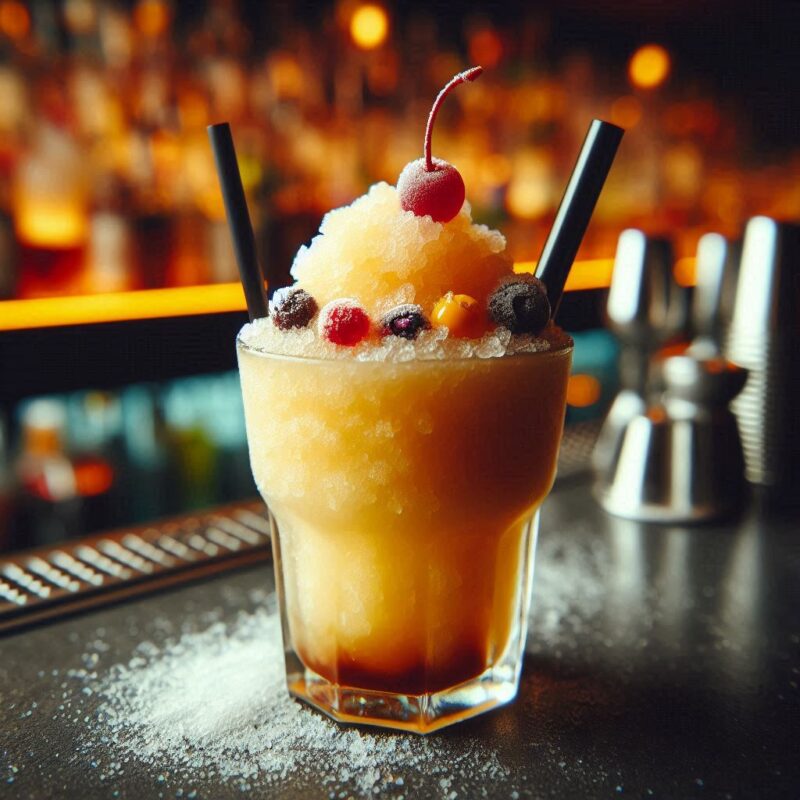 Gefrorener Painkiller Cocktail im Glas mit Orangenscheibe und Ananasdeko, cremig-sahnige Slush-Konsistenz.