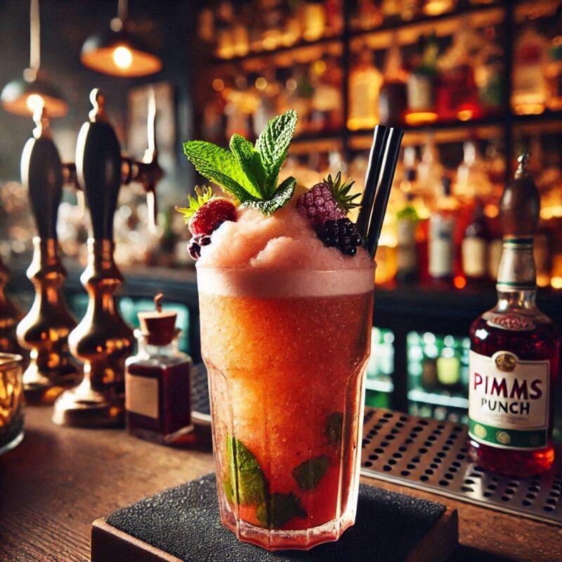 Gefrorener Pimm’s Punch Cocktail mit frischen Früchten in Slush-Konsistenz, serviert im Glas mit Minze und Zitrone