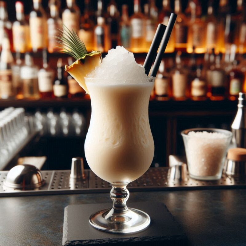 Frozen Piña Colada im Glas mit Ananas und Kokos – exotischer Cocktail in Slush-Konsistenz.