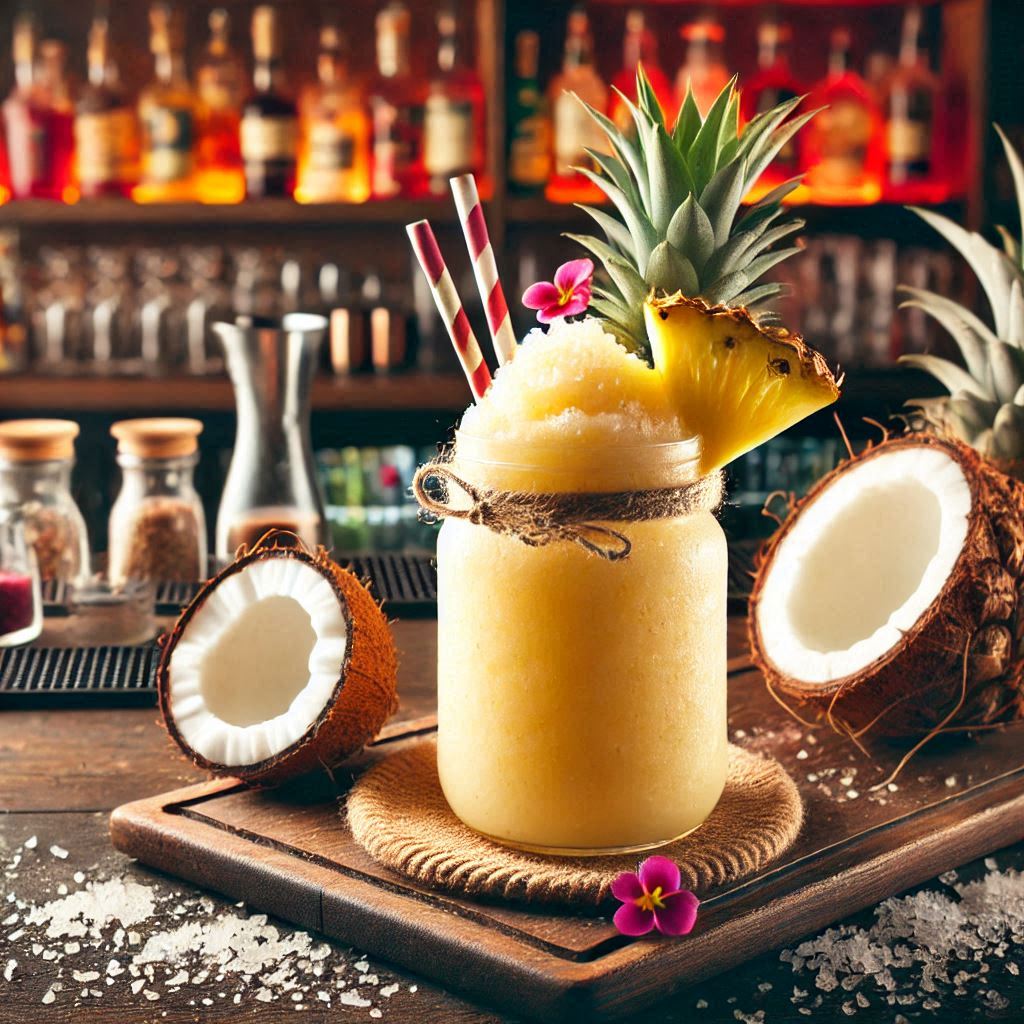 Glas mit Frozen Pineapple Coconut Punch: cremiger, gelb-weißer Slush-Cocktail aus Ananas und Kokos, eiskalt serviert.