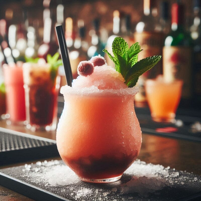 Frozen Planter’s Punch im Glas mit Eis-Slush-Konsistenz, frischen Früchten und Strohhalm, serviert als tropischer Cocktail