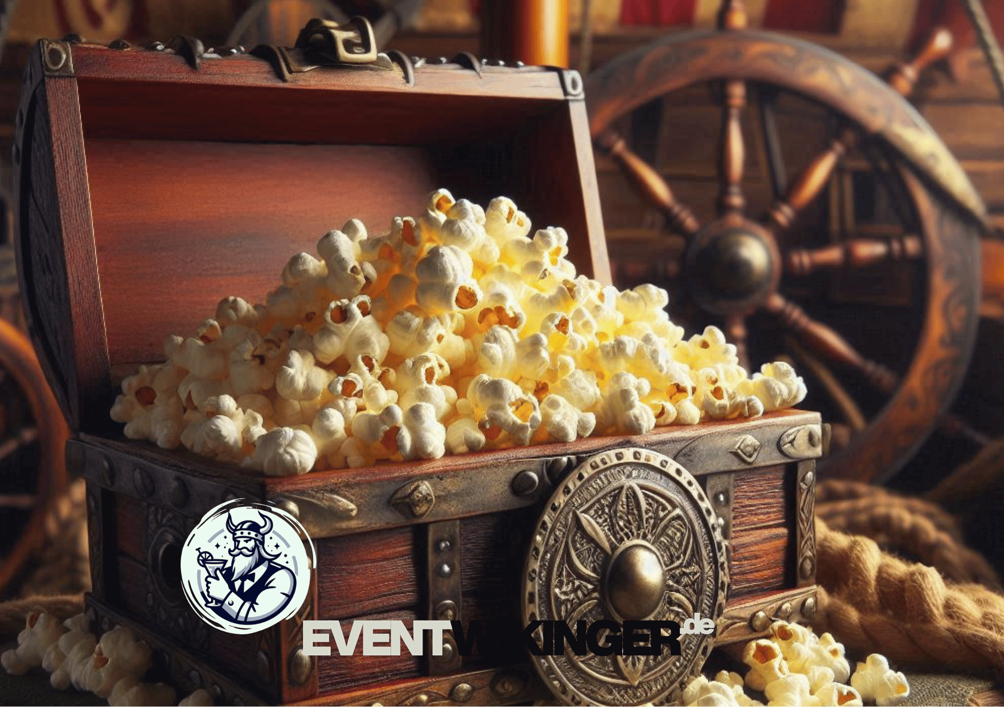 Frisches, goldgelbes Popcorn in einer Miet‑Popcornmaschine von Eventwikinger, fertig zum Servieren auf einem Event in NRW.