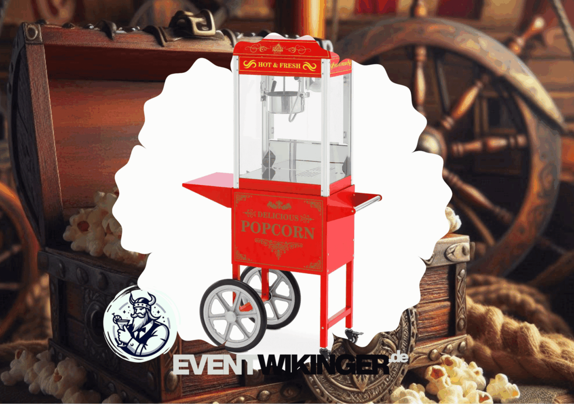 Rote Popcornmaschine im nostalgischen Retro-Design auf einem passenden Wagen, frisch zubereitetes Popcorn in der Kammer, bereit für den Verleih in NRW.